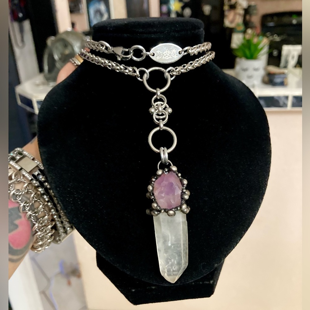 crystal quartz & amethyst gem stainless steel maille celtic lariat Y necklace. - Picture 9 of 15